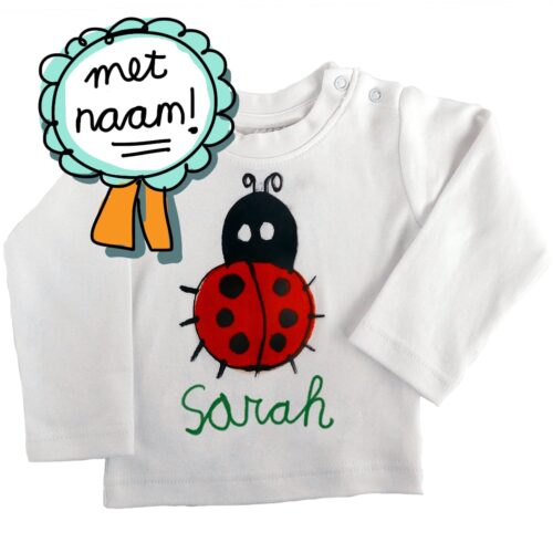 Handbeschilderd Liefebees t-shirt met lieveheersbeestje gepersonaliseerd met naam